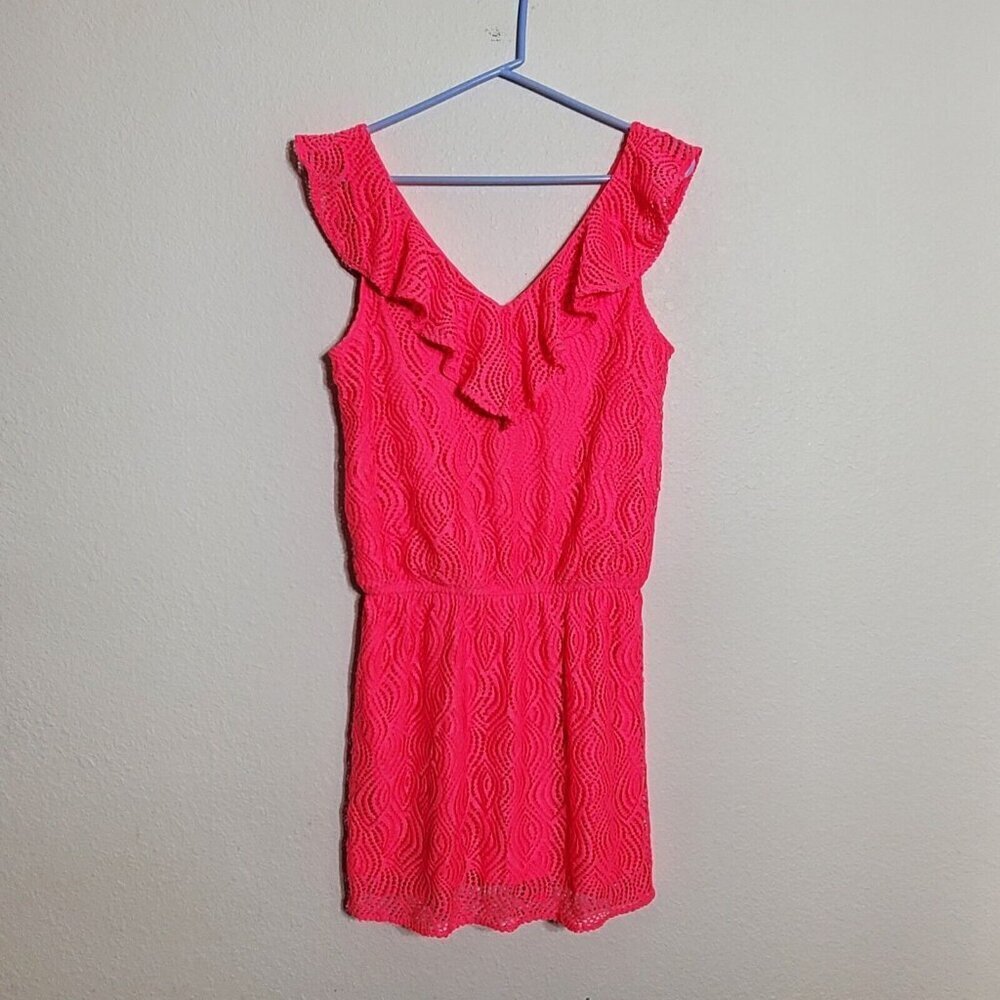 Lilly Pulitzer Alessa Romper Size Medium Crab Claw Coral Flowing Leaf Lace Pink - Picture 2 of 9
